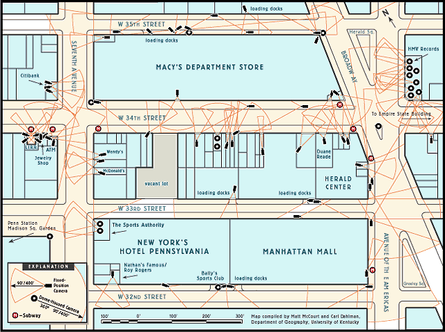Surveillance cameras in a NYC 3-block area